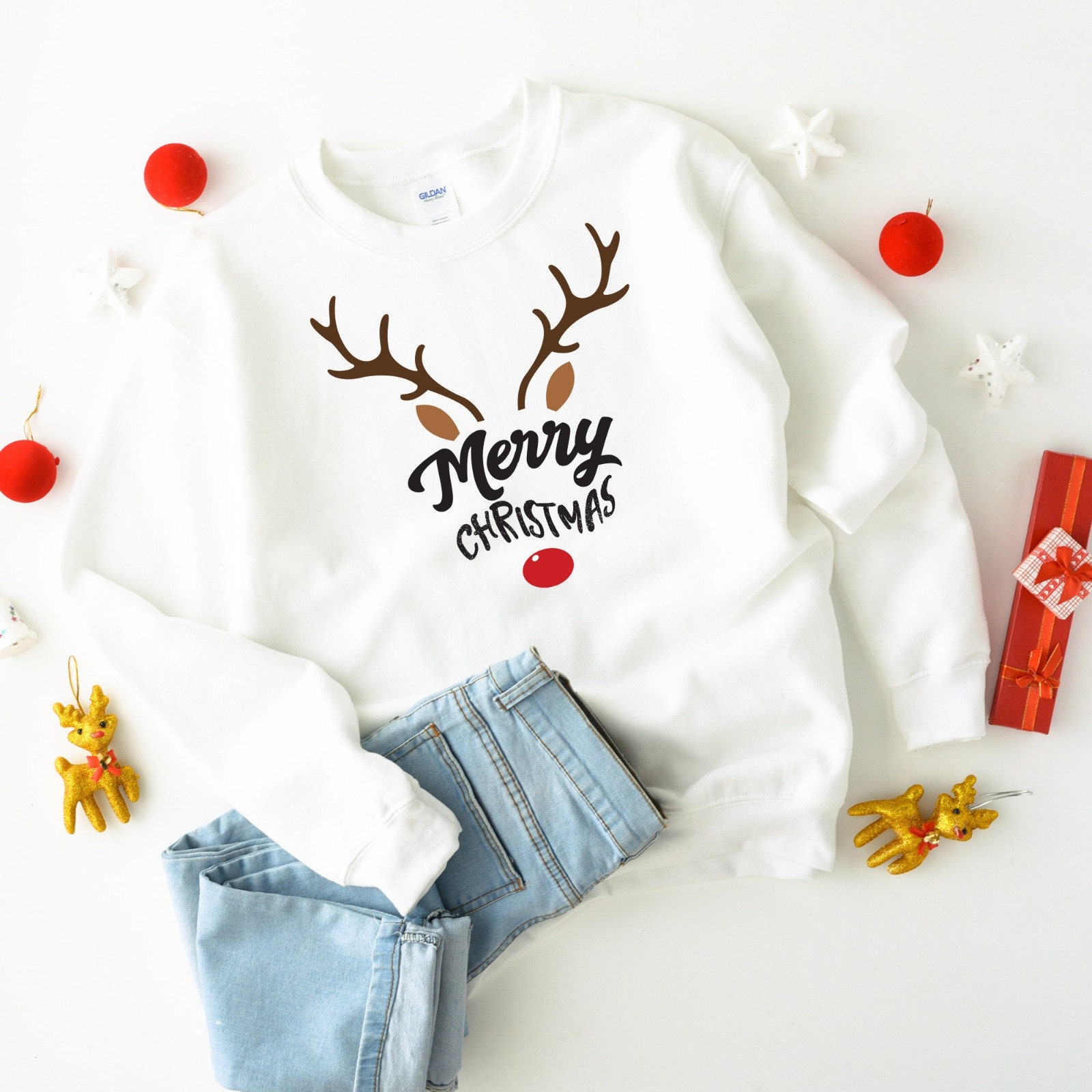 Reindeer Merry Christmas Jumper / Unisex Adult Kids Sizes / Rudolph Matching Family Sweatshirt / Xmas Shirt Women Men Girl Boy Young Toddler
