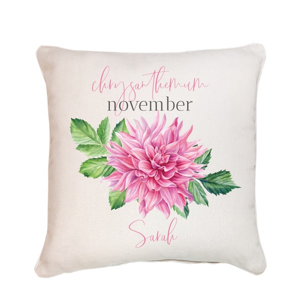 Personalised birth flower cushion / November birth flower chrysanthemum / Floral design birthday / 30th, 40th, 50th, 60th, 70th Gift for her