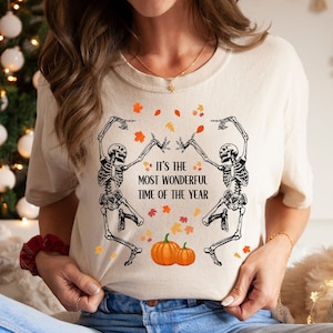 Halloween T-shirt / Dancing Skeletons pumpkins and autumn leaves / Black dark grey party outfit costume unisex adult kids sizes unique tee