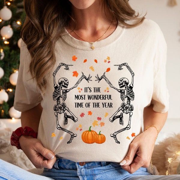 Halloween T-shirt / Dancing Skeletons pumpkins and autumn leaves / Black dark grey party outfit costume unisex adult kids sizes unique tee