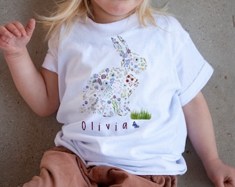 Personalisiertes Kinder-Oster-T-Shirt / Süßes Blumen Hasen Design für Jungen oder Mädchen / Kinder Tshirt Hase Tshirt, Ostergeschenk / Baby Erstling, 1.