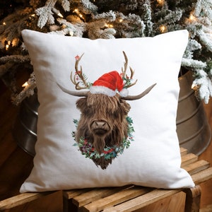 Highland Cow with Santa Hat Cushion / Christmas Home Decoration / Xmas gift for nature lover pet lover print decor / Scottish cow pillow