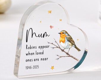 Mum Memorial Acrylic Plaque – Robin Design Sympathy Remembrance Gift Keepsake