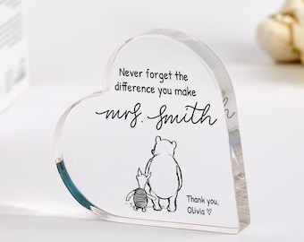 Plaque acrylique personnalisée en forme de cœur d'enseignant - Souvenir de remerciement de l'enfant pour l'enseignant