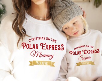 Pull de Noël personnalisé Polar Express Family avec des noms et des détails de croyance en feuille d’or / Sweat-shirt assorti / Maman Papa Fille Fils Noël