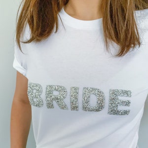 Bride t-shirt with sparkly rhinestone letters / Bridal Shower Engagement Gift / Bride to be shirt / Mrs Wedding tee / Hen party image 4