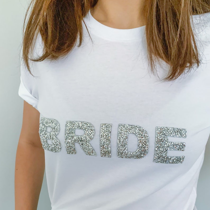 Bride t-shirt with sparkly rhinestone letters / Bridal Shower Engagement Gift / Bride to be shirt / Mrs Wedding tee / Hen party image 4