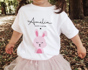 Personalised Happy Easter Kids T-Shirt with Name Cute bunny design for boys girls Childrens tshirt Bunny Tshirt Easter Gift baby First 1st