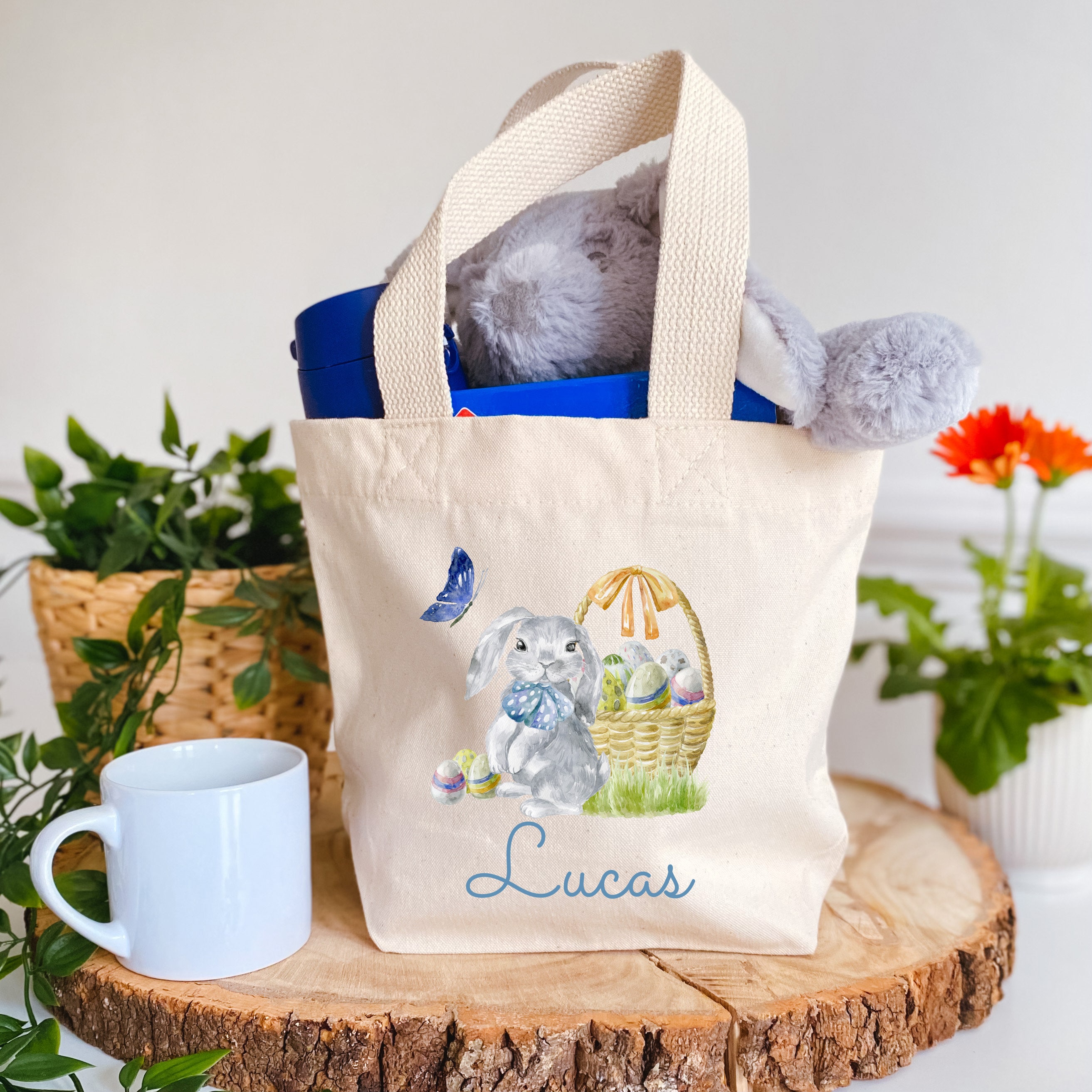 Personalised cute bunny mini Easter bag with name / Egg hunt bags / Girls or boys baskets / First, 1st Easter gift for her or him