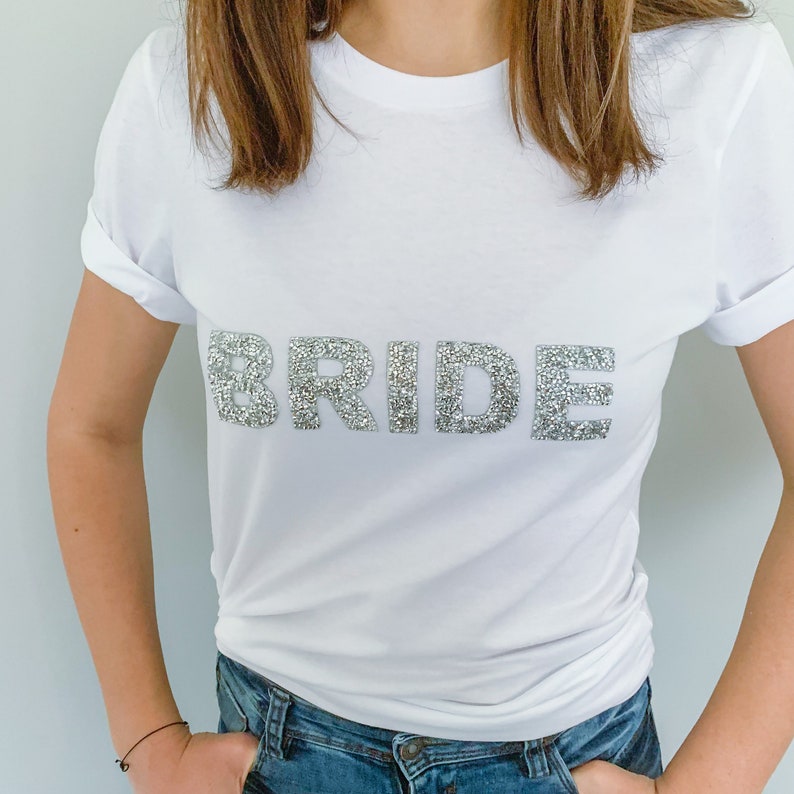 Bride t-shirt with sparkly rhinestone letters / Bridal Shower Engagement Gift / Bride to be shirt / Mrs Wedding tee / Hen party image 5