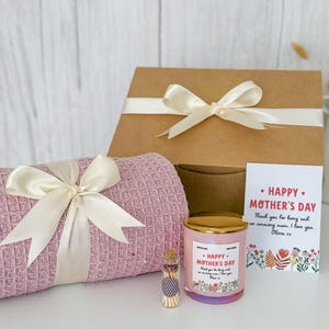Set regalo personalizzato per la festa della mamma con coperta, candela, mini fiammiferi, barattolo e biglietto per la mamma, scatola regalo Hygge, regalo per la mamma, fico, loto