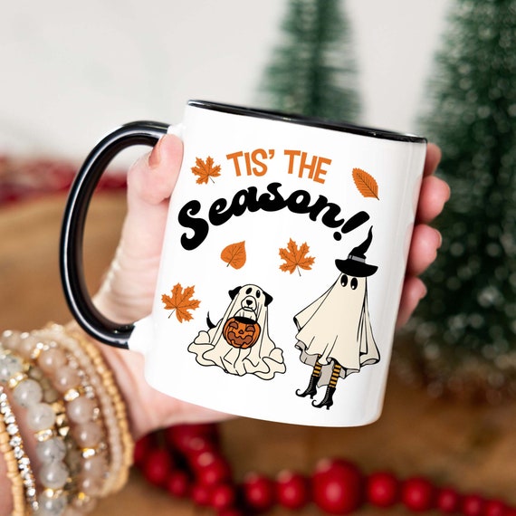 Halloween Mug / Spooky Gift For Her Him / Ghost Dog Carrying Pumpkin Coffee Mug / Halloween Gift / Retro Cartoon / Autumn vibes / Boy Girl