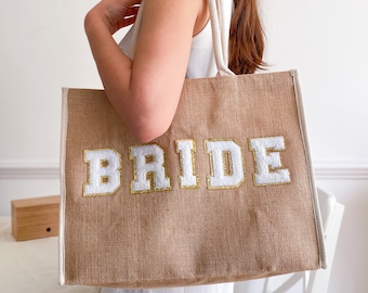Bruid tote tas met gouden trim witte letters / bruids douche verlovingscadeau / bruid als mevrouw bruiloft / vrijgezellenfeest huwelijksreis jute strandtas
