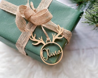 Personalised Name Wooden Gift Tag Reindeer Christmas gift tag Gold Silver Rose Gold Black Natural Colour custom Christmas present tags
