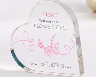 Personalised Flower Girl Proposal Gift Acrylic Plaque Will You Be Our Flower Girl Name Wedding Keepsake with Floral Design for Little Girls