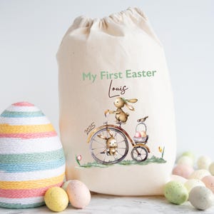 Borsa personalizzata My First Easter con nome, regalo di Pasqua, design a forma di coniglietto, borse per la caccia alle uova, borsa per dolcetti per bambine e bambini, prima Pasqua