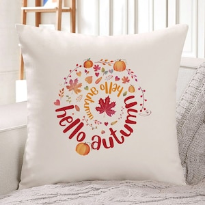 Hola cubierta cojín de otoño con hojas de otoño y calabazas / Amor de otoño / Decoraciones de otoño lindos / Decoración de otoño / Lindo regalo de casa nuevo