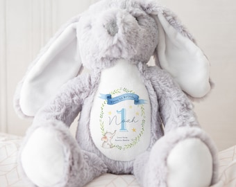 Op de afbeelding: Grijze pluche bunny met een witte vlek op zijn borst. De vlek heeft een blauwe en groene krans met de tekst "Happy 1st Birthday Noah" en een blauw nummer 1. Een olifant illustratie is in de krans. De tekst "Love from Austin Amelia" staat onder het nummer 1.