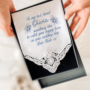 Personalised something blue wedding handkerchief / Bridal shower hanky / Gift for bride from bridesmaid / Bridal giftmaid / image 2