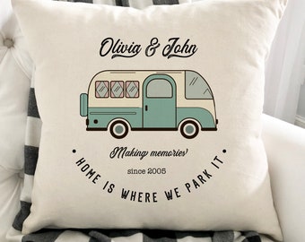 Campervan Camp Cushion / Personalised Camper Van Gift / His And Hers / Couple Travel Present / Accessories Camping / Retro Caravan Pillow