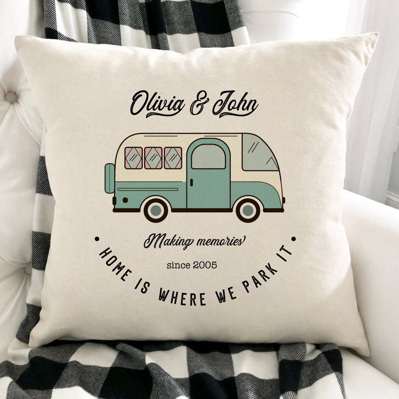 Campervan Camp Cushion / Personalised Camper Van Gift / His And Hers / Couple Travel Present / Accessories Camping / Retro Caravan Pillow image 1