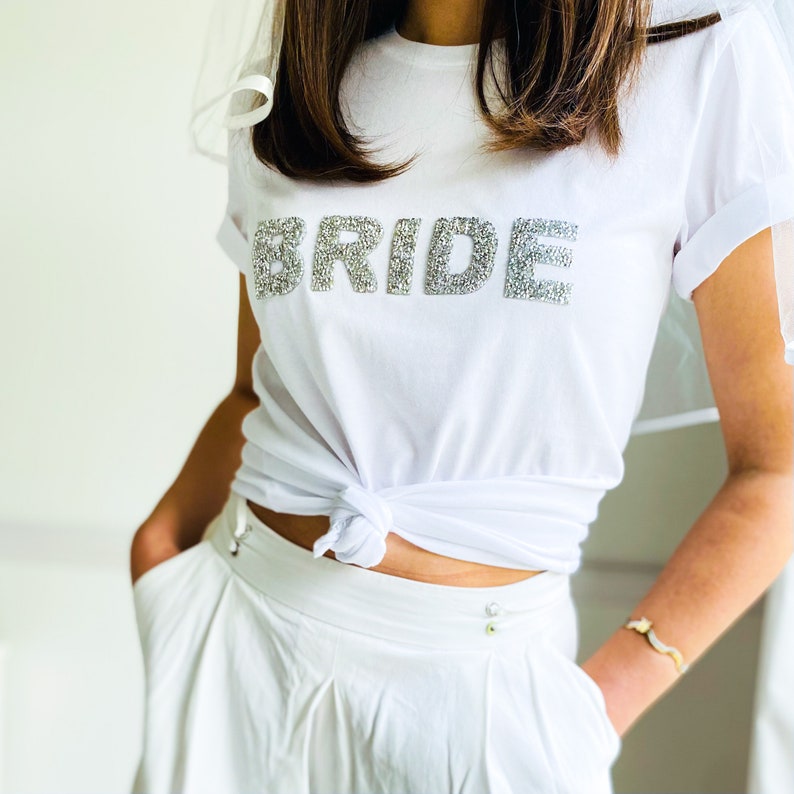 Bride t-shirt with sparkly rhinestone letters / Bridal Shower Engagement Gift / Bride to be shirt / Mrs Wedding tee / Hen party image 7