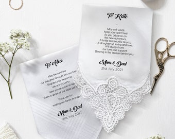 Personalised Wedding Handkerchief Gift from mother & father of the bride to daughter and groom / MFD2 / Parents Wedding Gift / Hankie