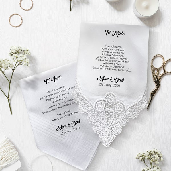 Personalised Wedding Handkerchief Gift from mother & father of the bride to daughter and groom / MFD2 / Parents Wedding Gift / Hankie