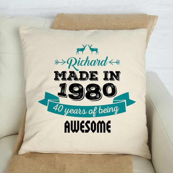 Personalised Made in year Birthday cushion cover / 30th, 40th, 50th, 60th, 70th, 80th Birthday, gift. Gift for him and her