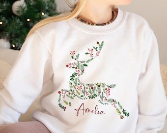 Personalised Reindeer Christmas Jumper with Flowers Name Unisex Kids Size Jumper Day Young Toddler Girl Youth Child Children Daughter Son