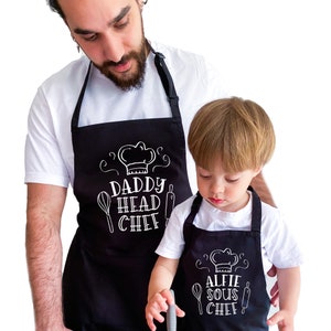 Cute matching apron with names / Personalised head chef sous chef / Father's Day Christmas Birthday gift for dad child / Daddy son daughter image 7