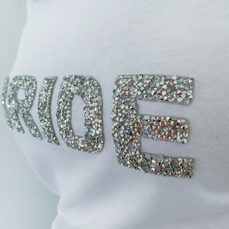 Bride t-shirt with sparkly rhinestone letters / Bridal Shower Engagement Gift / Bride to be shirt / Mrs Wedding tee / Hen party image 2