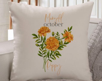 Personalised birth flower cushion / October birth flower marigold / Floral design birthday gift / 30th, 40th, 50th, 60th, 70th Gift for her