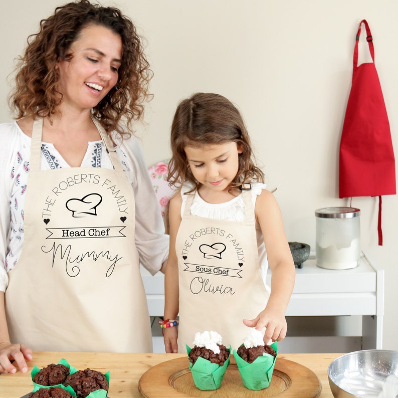 Matching head chef sous chef family aprons with names