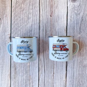 May include: Two light blue enamel mugs with silver rims and handles. Each mug features a camper illustration and the text "Making memories since 2020". One mug says "Henry" and the other says "Sophia".