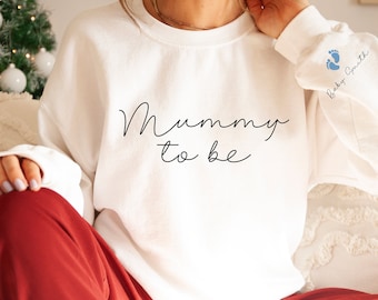 Mamãe para ser moletom com nome do bebê/Presente para a nova mamãe/Moletom da moda para mulheres grávidas/Top de moletom para gravidez/Em breve serão presentes para ela