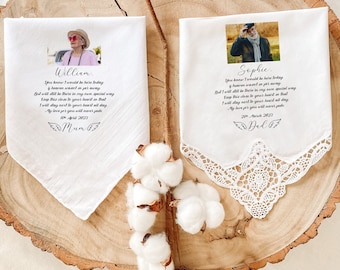 Personalised Memorial Wedding Handkerchief / Gift for bride groom / Photo of passed away family members / Rememerance Loving Memory Mum Dad