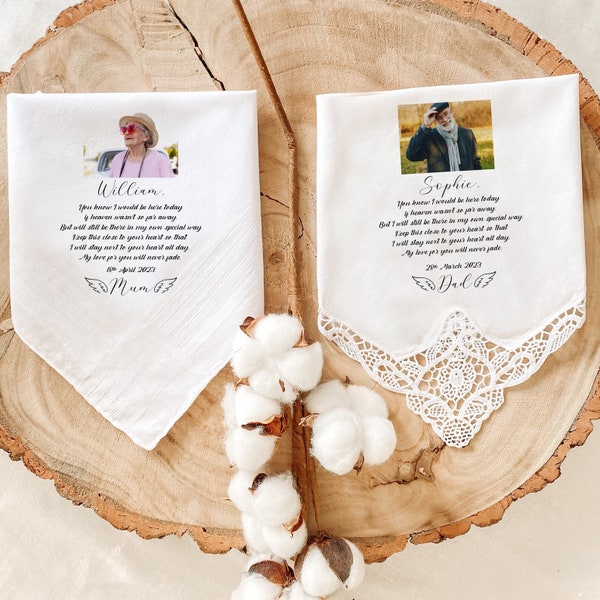 Personalised Memorial Wedding Handkerchief / Gift for bride groom / Photo of passed away family members / Rememerance Loving Memory Mum Dad