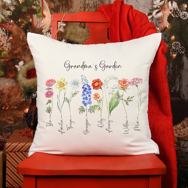 Coussin de jardin de grand-mère avec des fleurs de naissance au nom de petits-enfants, cadeau de Noël personnalisé pour la fête des mères pour nounou Coussin d'anniversaire de Noël