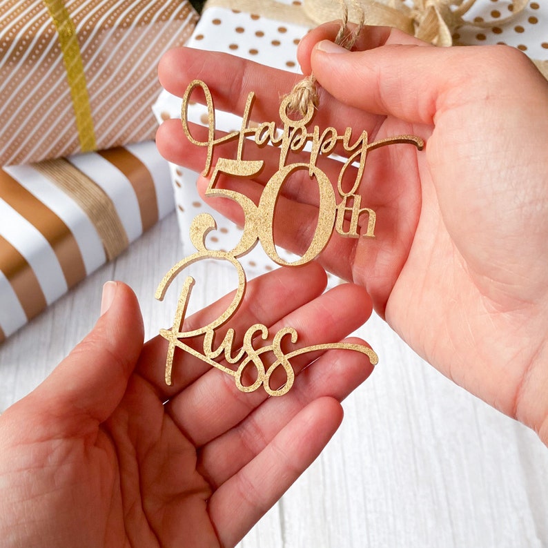 Personalised Birthday Wooden Gift Tag with Name and Age Gold Silver Rose Gold Black Natural Colour 21st 30th 40th 50th 60th 70th Birthday image 2