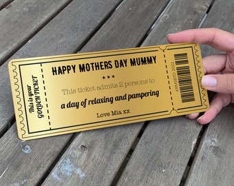 Personalised Golden Ticket / Gold Metal Card / Valentine's Day Mother's Day Father's Day Birthday Gift Voucher / Dad Mum Wife Husband Token