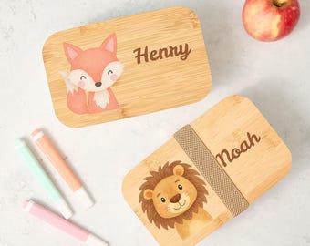 Lonchera personalizada con tapa de madera, diseño de animales del bosque, león, zorro y tigre, regalo para la vuelta al cole para niños, caja de refrigerio con nombre personalizado, para viajes de primaria.