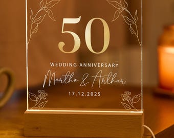 Personalised 50th Wedding Anniversary Gift LED Light Golden Wedding Keepsake Custom Names Date Present for Parents Grandparents Grandma