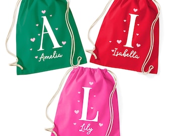 Personalised Heart Initial Drawstring PE Bag, Custom Name Cotton Gym Sack