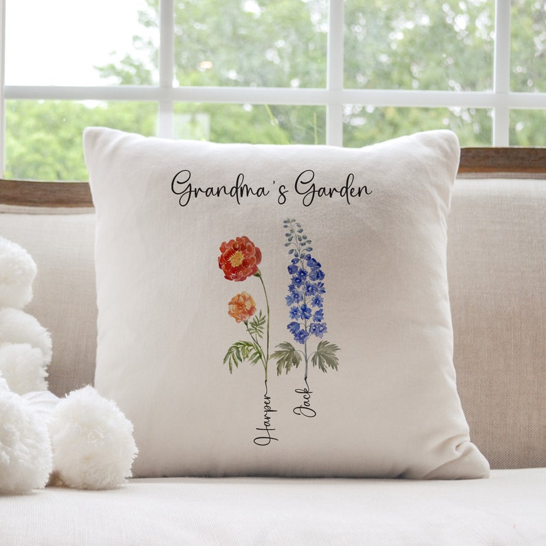 Grandma's garden cushion with grandchildren's names birth flowers Personalised Mother's Day Christmas gift for nanny Xmas Birthday pillow image 5