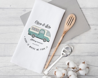 Campervan Camp Tea Towel / Personalised New Camper Van Gift / His And Hers / Couple Travel / Kitchen Accessories Camping / Retro Caravan