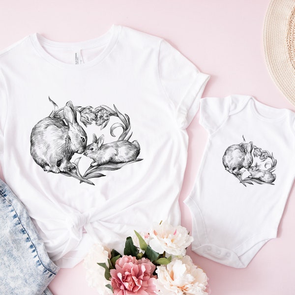Passende T-Shirts für Mama und Baby / Mutter und Baby Hase Mama Sohn oder Tochter / QTY 1 / Erstes Muttertagsgeschenk / Süßes Oster-Familien-T-Shirt