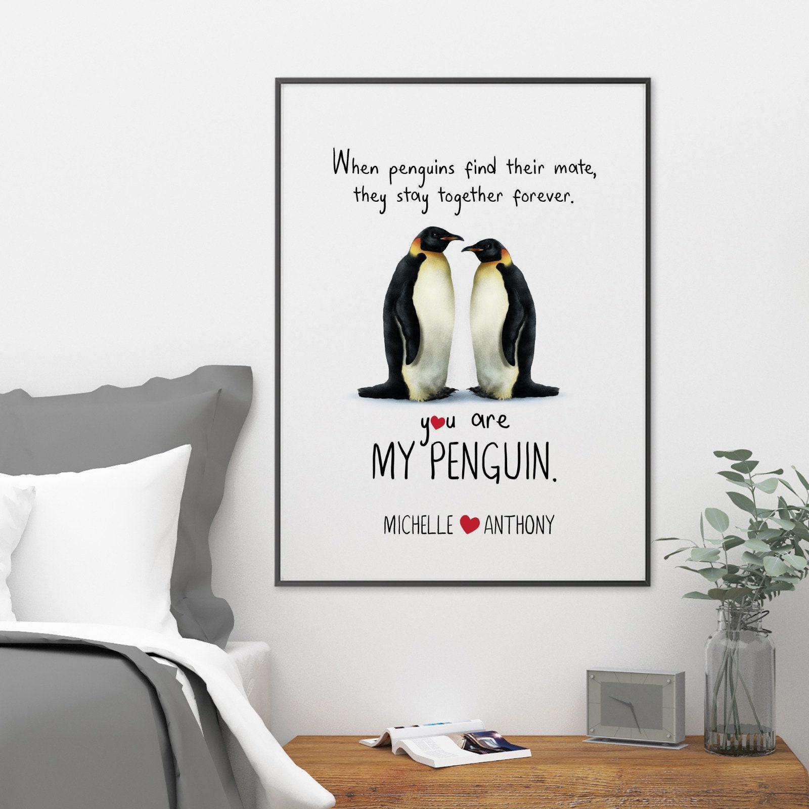 Penguinloveです♡ Penguin Love Poster / Gift for Wife, Husband, Couple With Names