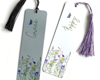 Personalised floral name bookmark with tassel / Gift for him or her / Book lover gift with name / Luxury tall aluminium