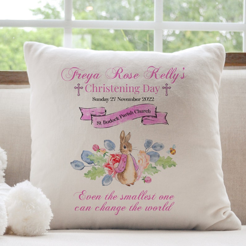 Personalised Christening cushion with name and church / PINK or BLUE / Baptism decoration / Baby Girl Boy Gifts / Keepsake / Naming Ceremony image 2